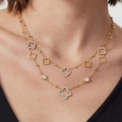 18KG diamond clover hollow out flower stainless steel necklace dainty necklace