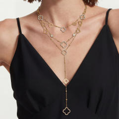 18KG diamond clover hollow out flower stainless steel necklace dainty necklace