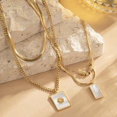 Simple multi layer mother shell block pendant stainless steel necklace