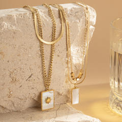 Simple multi layer mother shell block pendant stainless steel necklace