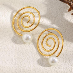 Creative Stainless Steel earrings Plated 18K Spiral Coil Imitation Pearl Earrings for Women