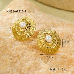 Elegant pearl inlaid flower fan shape stainless steel earrings