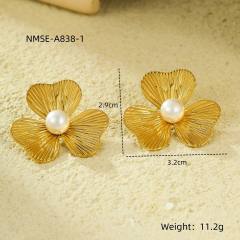 Elegant pearl inlaid flower fan shape stainless steel earrings
