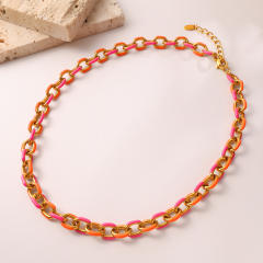 Sweet pink orange color enamel thick chain necklace stainless steel necklace DIY chain necklace