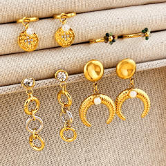 18KG unique mix color circle crescentmoon stainless steel earrings