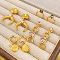 18KG unique mix color circle crescentmoon stainless steel earrings