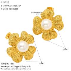 Stainless Steel Earrings 18K Gold Flower Inlaid Pearl Earrings for Women