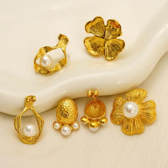 Stainless Steel Earrings 18K Gold Flower Inlaid Pearl Earrings for Women