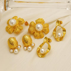 Stainless Steel Earrings 18K Gold Flower Inlaid Pearl Earrings for Women
