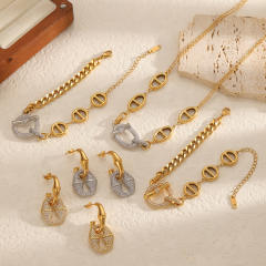 Full Diamond Zircon pig nose Stainless Steel Earrings Necklace Bracelet Jewelry Set