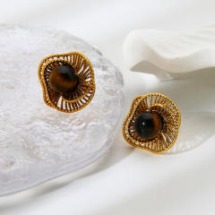 Tiger Eye Stone Imitation Pearl Inlaid Cut Out Special-Shaped Earrings stainless steel earrings