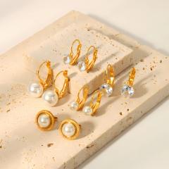 French retro style buckle size pearl earrings stainless steel earrings