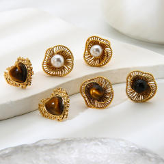 Tiger Eye Stone Imitation Pearl Inlaid Cut Out Special-Shaped Earrings stainless steel earrings