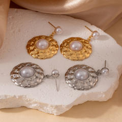 Elegant pearl bead inlaid striped pattern geometric stainless steel earrings