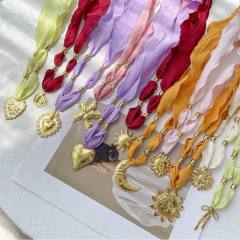 Stainless steel heart starfish moon pendant silk scarf chain necklace for women