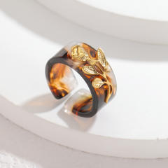 Fashion Simple Colorful Acetate Ring Stainless Steel Leaf Design Retro Elegant High-End Open Ring