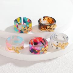 Fashion Simple Colorful Acetate Ring Stainless Steel Leaf Design Retro Elegant High-End Open Ring