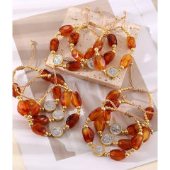 Silver Portrait Crescent Heart Pendant Drop-Shaped Cut Amber Handmade Beaded Bracelet