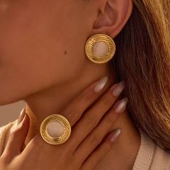 Concise opal stone inlaid flower heart stainless steel earrings rings set