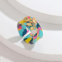 Fashion Simple Colorful Acetate Ring Stainless Steel Leaf Design Retro Elegant High-End Open Ring