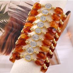 Silver Portrait Crescent Heart Pendant Drop-Shaped Cut Amber Handmade Beaded Bracelet