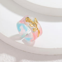 Fashion Simple Colorful Acetate Ring Stainless Steel Leaf Design Retro Elegant High-End Open Ring