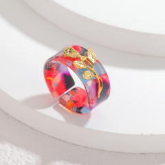 Fashion Simple Colorful Acetate Ring Stainless Steel Leaf Design Retro Elegant High-End Open Ring