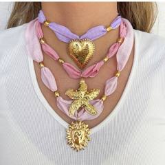 Stainless steel heart starfish moon pendant silk scarf chain necklace for women