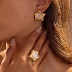 Concise opal stone inlaid flower heart stainless steel earrings rings set