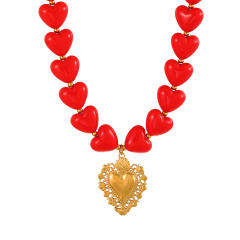 Valentine's Day red resin heart bead necklace with stainless steel heart pendant