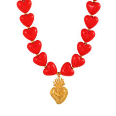Valentine's Day red resin heart bead necklace with stainless steel heart pendant