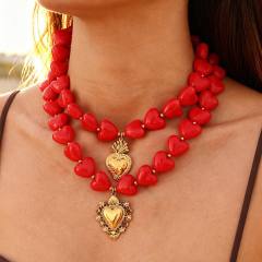 Valentine's Day red resin heart bead necklace with stainless steel heart pendant