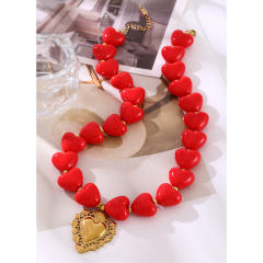 Red acrylic heart chain stainless steel heart pendant choker necklace