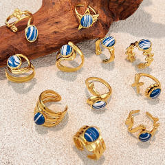Blue white natural stone inlaid geometric stainless steel rings
