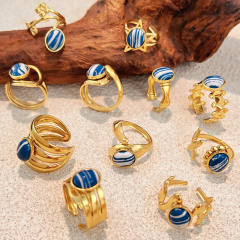 Blue white natural stone inlaid geometric stainless steel rings