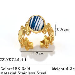 Blue white natural stone inlaid geometric stainless steel rings