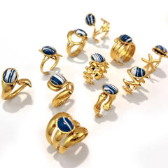Blue white natural stone inlaid geometric stainless steel rings