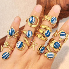 Blue white natural stone inlaid geometric stainless steel rings