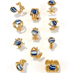 Blue white natural stone inlaid geometric stainless steel rings