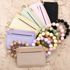 INS Pink Small Wallet Card Case Bank Card Set Silicone Bead Bracelet Leather Women's Wallet