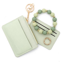 INS Pink Small Wallet Card Case Bank Card Set Silicone Bead Bracelet Leather Women's Wallet