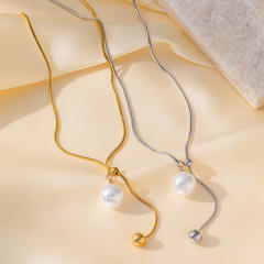 Stainless Steel necklace Small Round Bead Pearl Tassel long necklace sweater chain