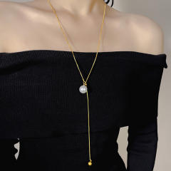 Stainless Steel necklace Small Round Bead Pearl Tassel long necklace sweater chain