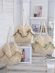 2026 Woven Shoulder Bag Handmade Woven Hollow Tote Bag Beach Vacation Women's Bag