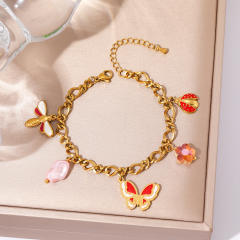 Sweet enamel butterfly charm stainless steel necklace bracelet set