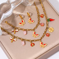 Sweet enamel butterfly charm stainless steel necklace bracelet set