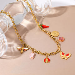 Sweet enamel butterfly charm stainless steel necklace bracelet set