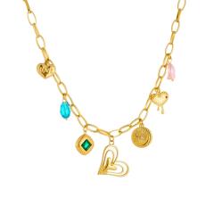 Vintage multi element heart crystal charm stainless steel necklace