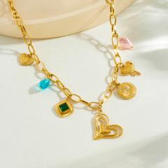Vintage multi element heart crystal charm stainless steel necklace