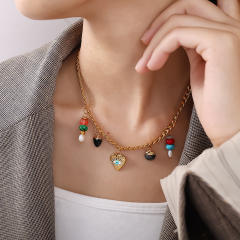 New Beach Ocean Vacation Style DIY Colorful Natural Stone Heart Pendant Accessories Plated 18K Gold Jewelry Pendant